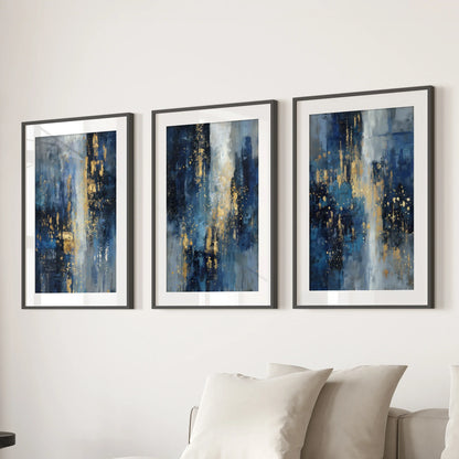 Navy Blue and Gold Triptych Sparkle Oil Painting Prints