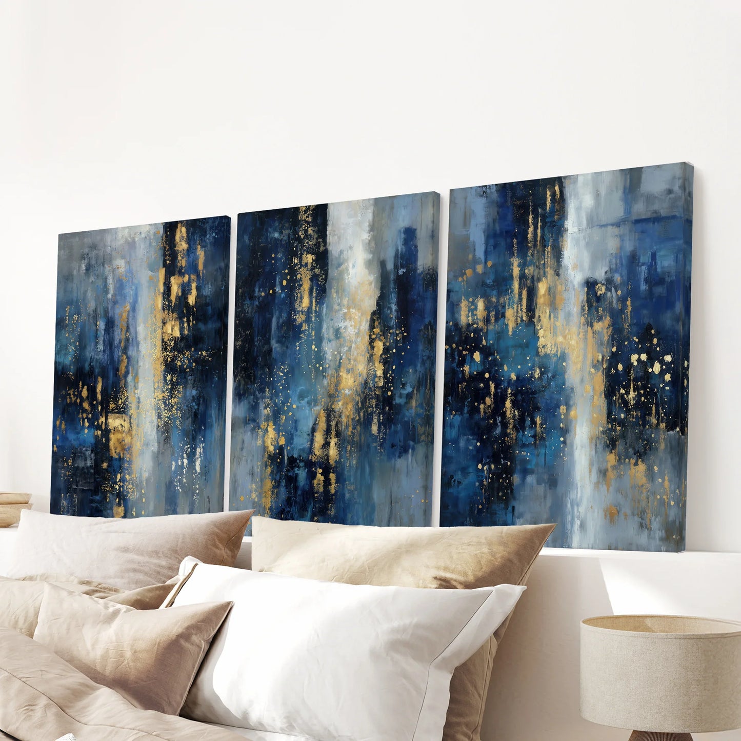 Navy Blue and Gold Triptych Sparkle Oil Painting Prints