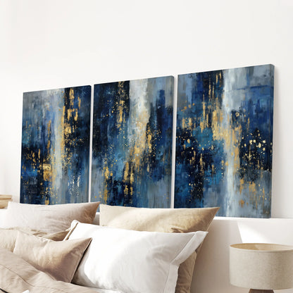 Navy Blue and Gold Triptych Sparkle Oil Painting Prints