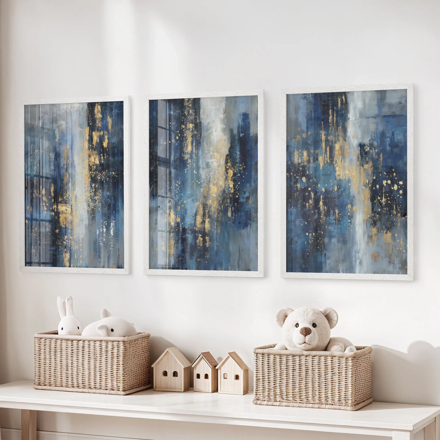 Navy Blue and Gold Triptych Sparkle Oil Painting Prints