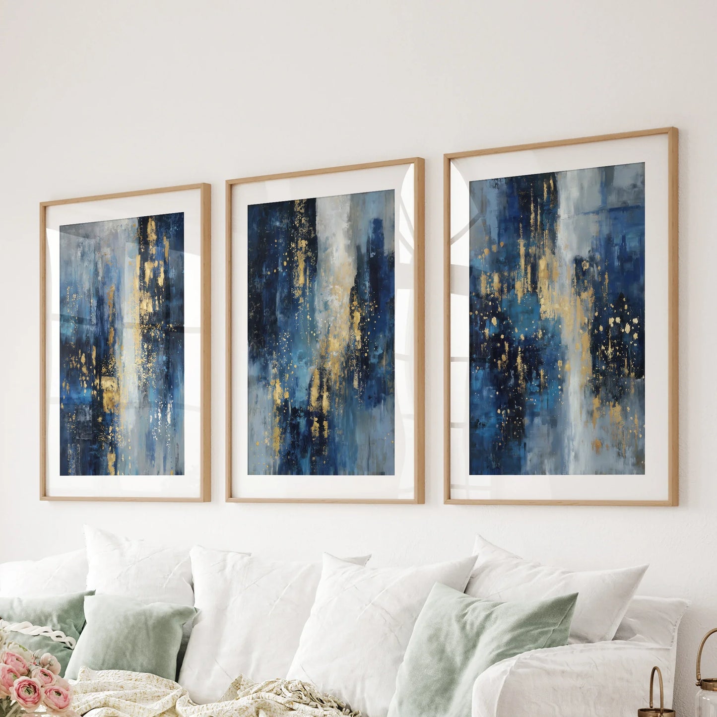 Navy Blue and Gold Triptych Sparkle Oil Painting Prints