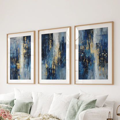 Navy Blue and Gold Triptych Sparkle Oil Painting Prints