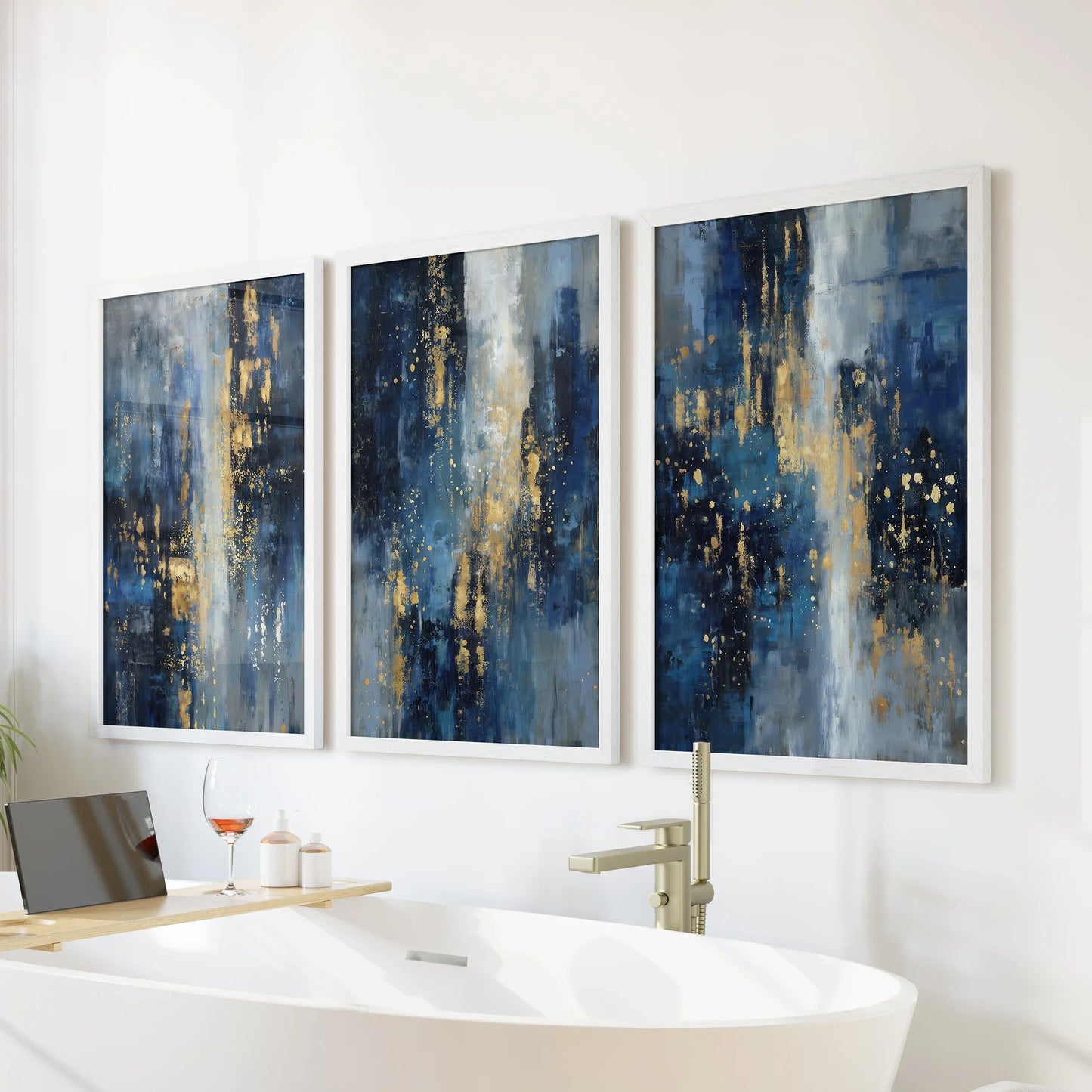 Navy Blue and Gold Triptych Sparkle Oil Painting Prints