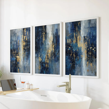 Navy Blue and Gold Triptych Sparkle Oil Painting Prints