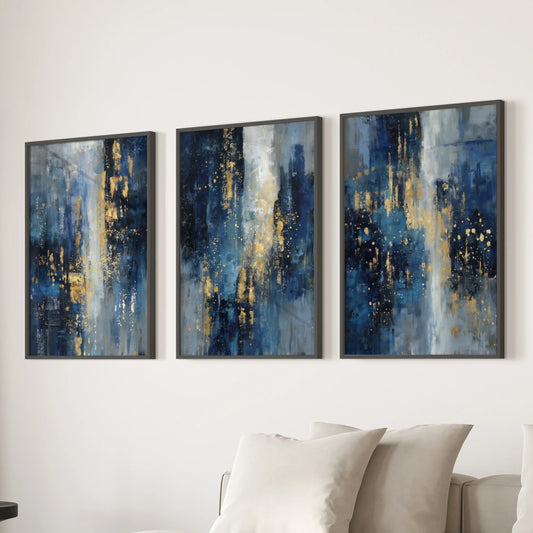Navy Blue and Gold Triptych Sparkle Oil Painting Prints