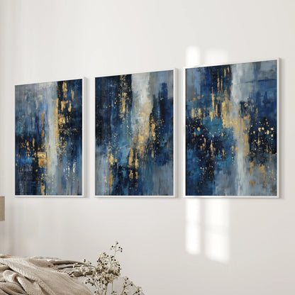 Navy Blue and Gold Triptych Sparkle Oil Painting Prints