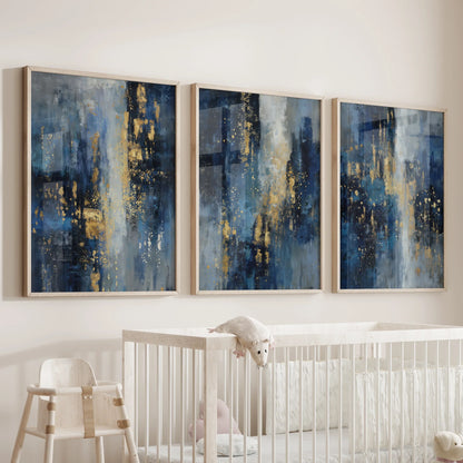 Navy Blue and Gold Triptych Sparkle Oil Painting Prints