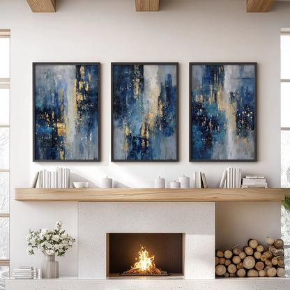 Navy Blue and Gold Triptych Sparkle Oil Painting Prints