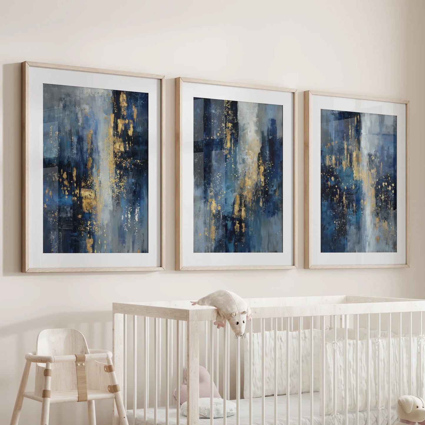Navy Blue and Gold Triptych Sparkle Oil Painting Prints