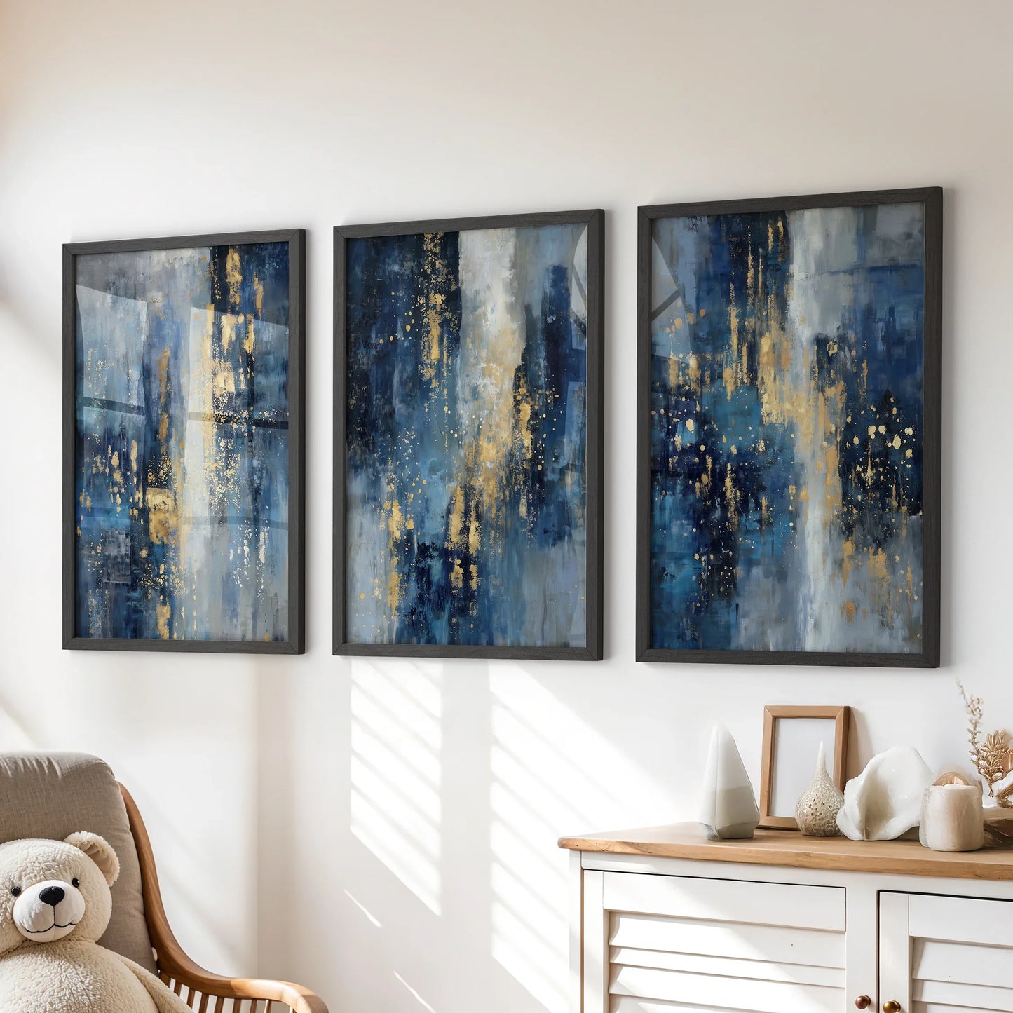 Navy Blue and Gold Triptych Sparkle Oil Painting Prints