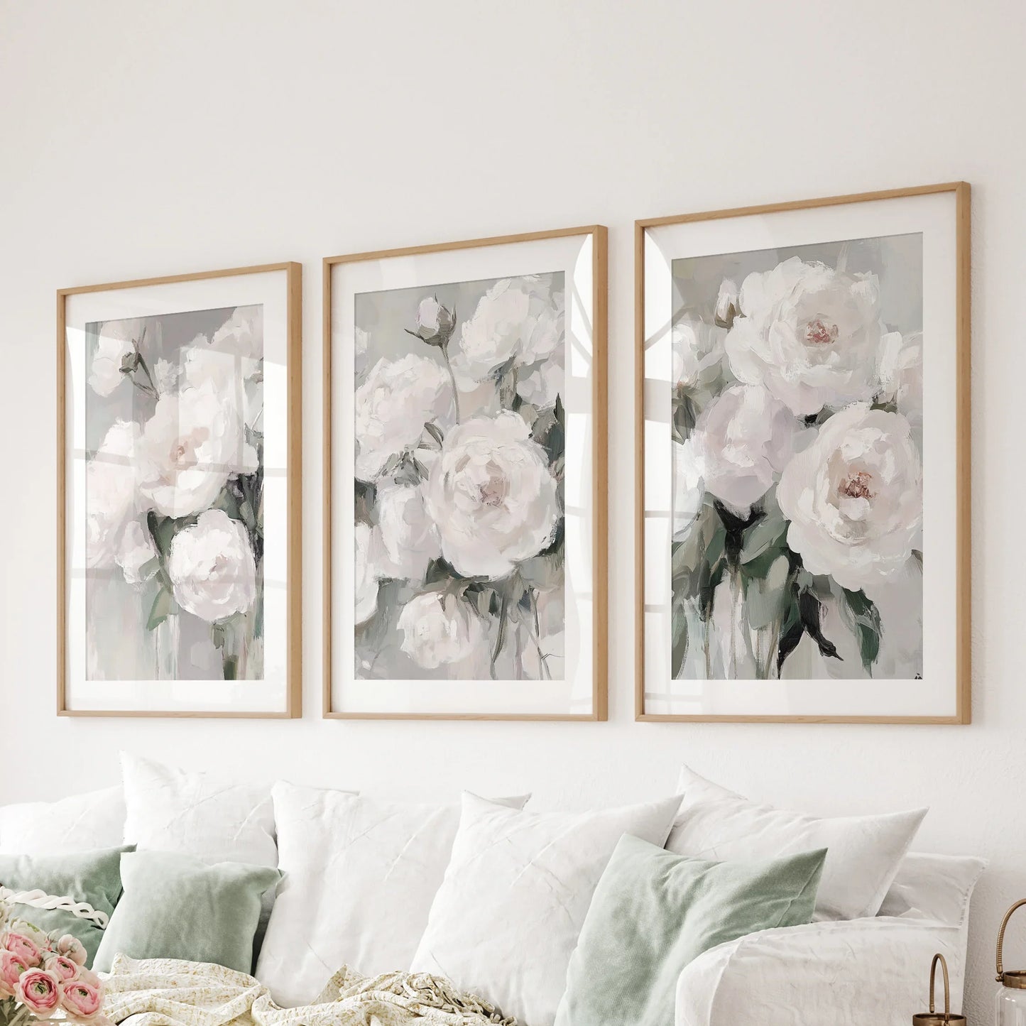 Romantic White Flower Peony Painting Print 3 Piece Wall Art