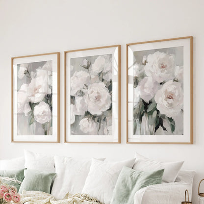 Romantic White Flower Peony Painting Print 3 Piece Wall Art