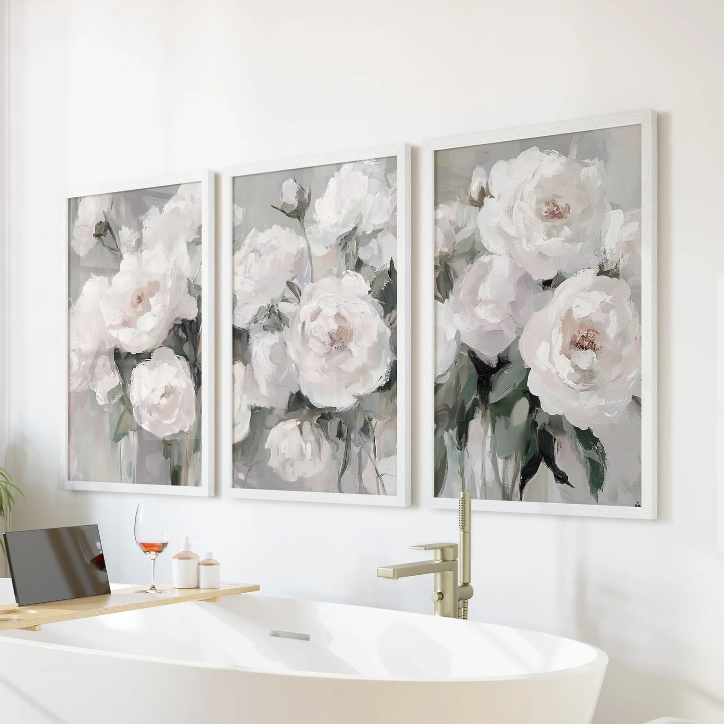 Romantic White Flower Peony Painting Print 3 Piece Wall Art