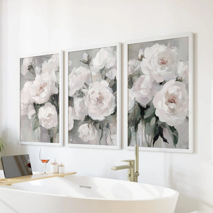 Romantic White Flower Peony Painting Print 3 Piece Wall Art