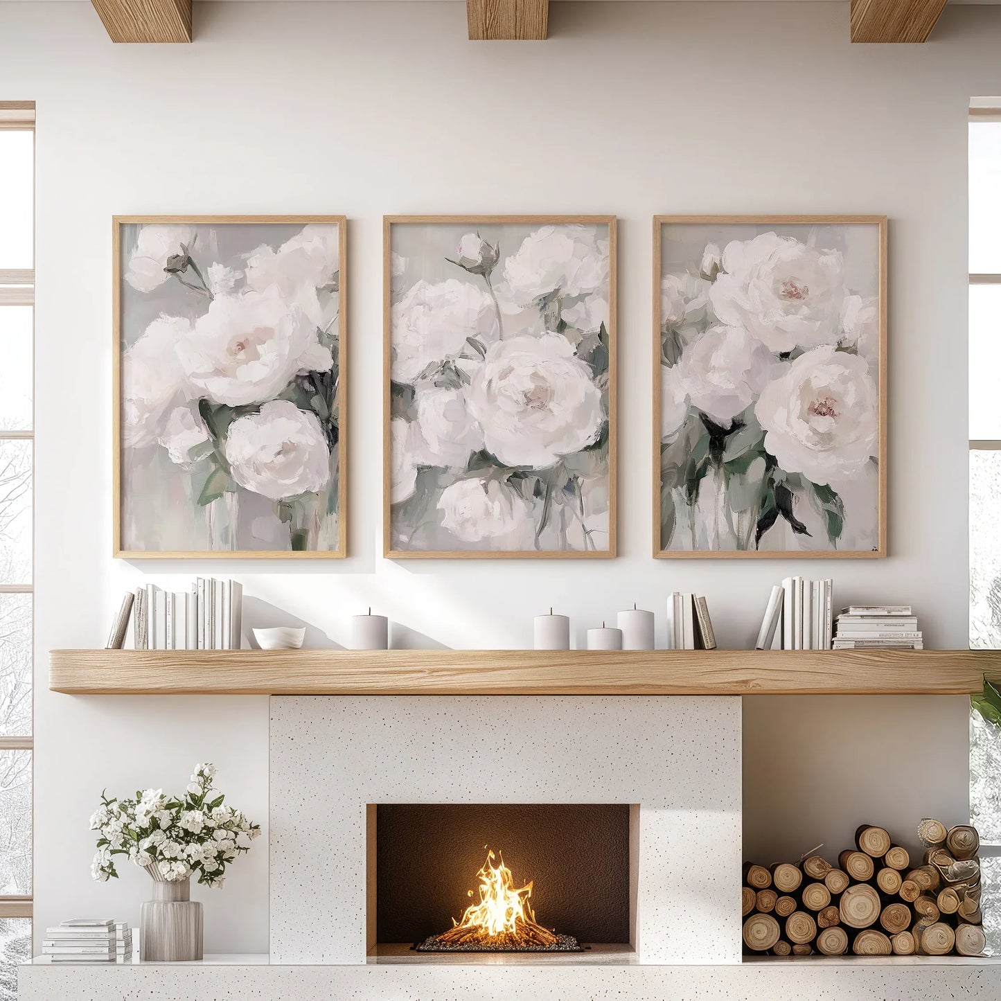 Romantic White Flower Peony Painting Print 3 Piece Wall Art