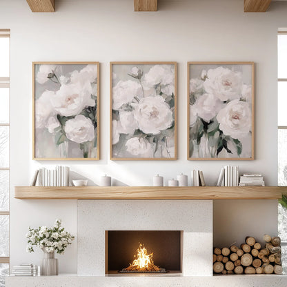 Romantic White Flower Peony Painting Print 3 Piece Wall Art