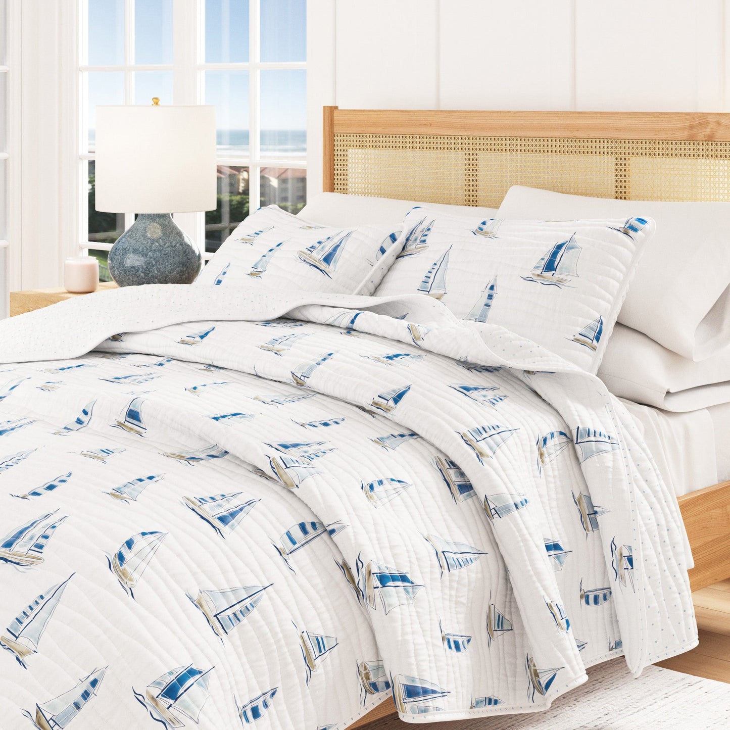 Coastal Blue Sailboat Quilt Set