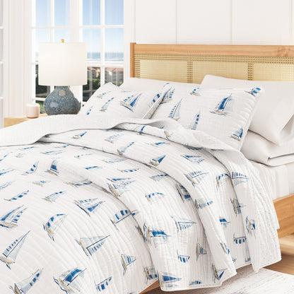Coastal Blue Sailboat Quilt Set