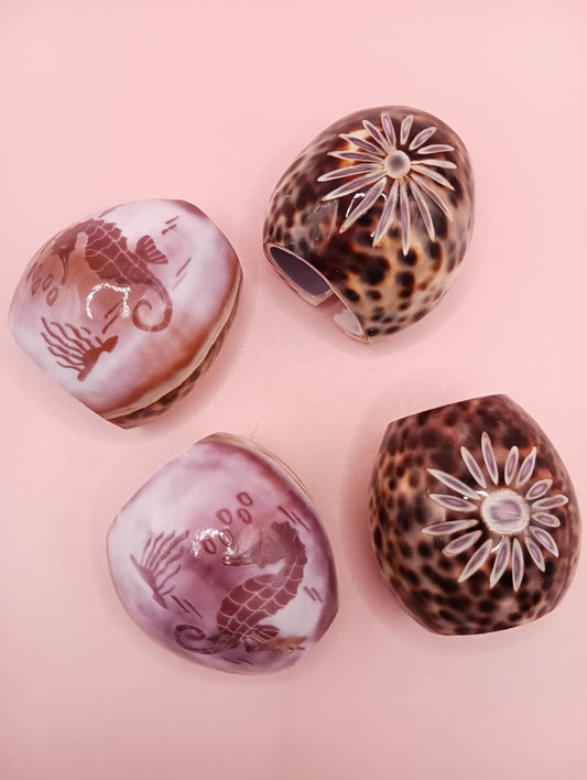 Vintage Cowrie Shell Napkin Holders – Floral or Seahorse Etched Coastal Decor