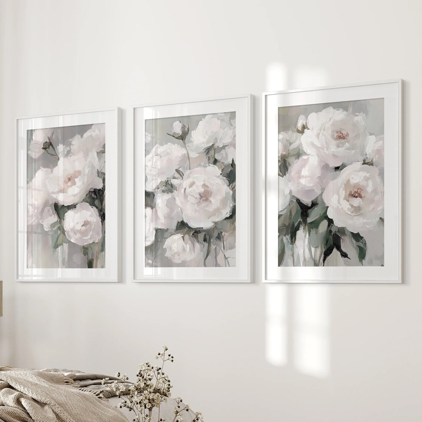 Romantic White Flower Peony Painting Print 3 Piece Wall Art
