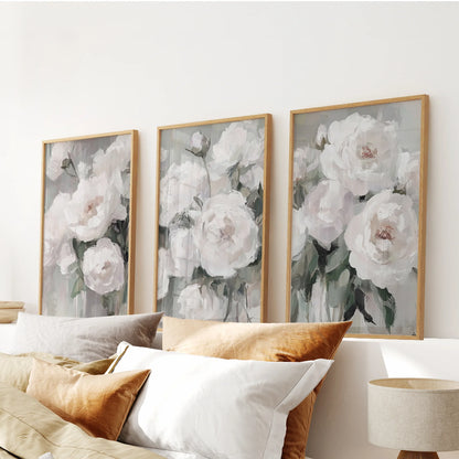 Romantic White Flower Peony Painting Print 3 Piece Wall Art