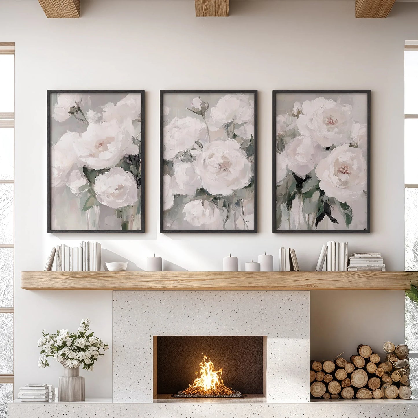 Romantic White Flower Peony Painting Print 3 Piece Wall Art