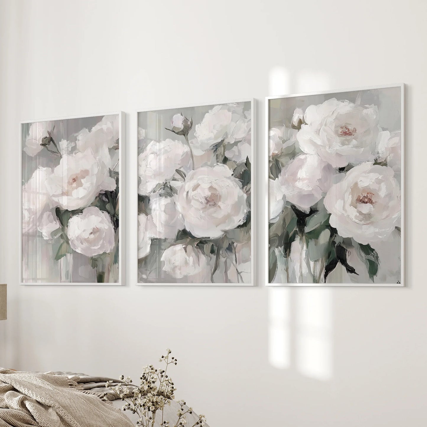 Romantic White Flower Peony Painting Print 3 Piece Wall Art