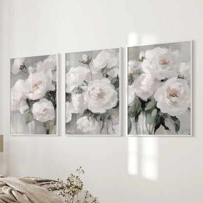 Romantic White Flower Peony Painting Print 3 Piece Wall Art